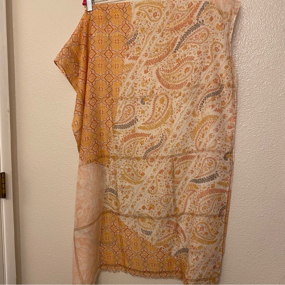 Peach metallic thread paisley print lightweight semi sheer scarf wrap 27x72